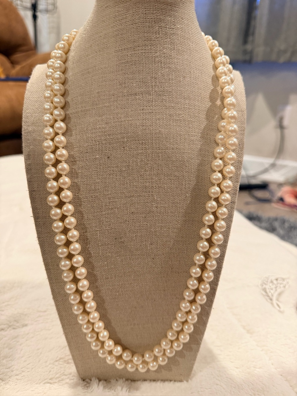 1960s Monet Hand Knotted Faux Pearl single strand hand knotted Necklace 54”